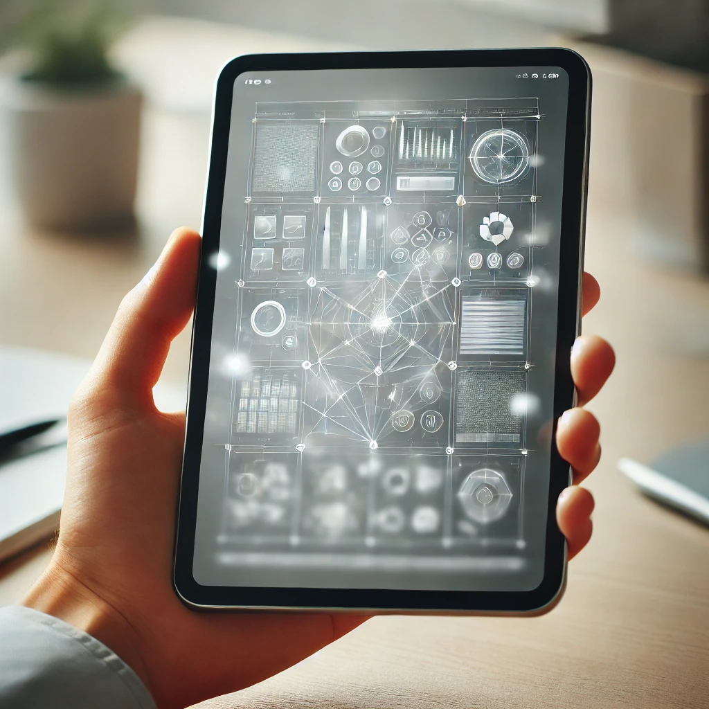 Hand holding small tablet with a dashboard